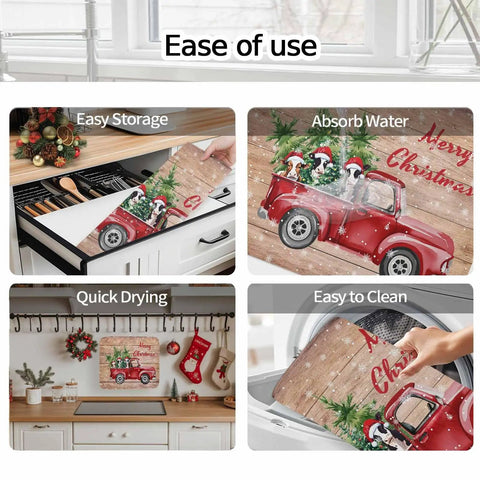 Holiday Dish Drying Mat For Kitchen Counter With Red Truck Cows Pine Trees Snowflakes Wood Grain Design displayed in use