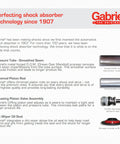 Gabriel shock absorber technology features including pressure tube, chromed piston rod, valve assembly, and dirt wiper seal.