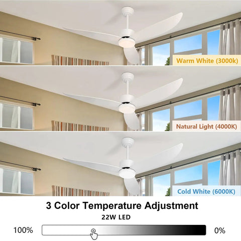 3 color temperatures of 52 Inch Ceiling Fan With Lights Remote Control Easy Peasy Dimmable Led Quiet Dc Motor in a room