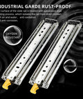 Industrial grade heavy duty drawer slides with rust-proof and oxygen-resistant galvanization coating for durability.