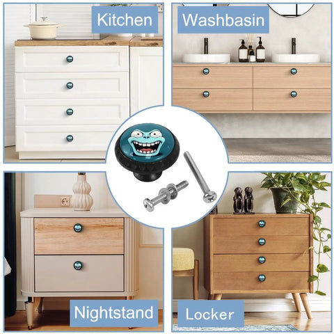 4 Pack Round Cabinet Knobs And Drawer Pulls For Kids installed on various furniture, screws included for easy installation.