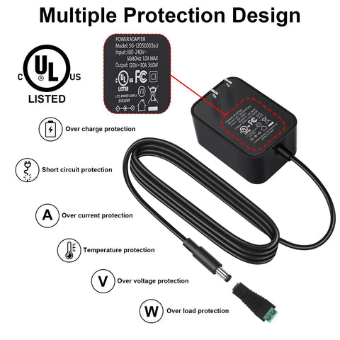 UL Listed 12V 3A Power Adapter With Dimmer Switch For LED Lighting And Electronics Universal AC DC Power Supply With No Fuss Overcurrent Overvoltage Overtemperature And Short Circuit Protection Low Heat Quiet Operation, black adapter with cable