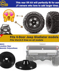 Level Up Your Gladiator JT Rig With This Badass Three Quarter Inch Polyurethane Rear Lift Coil Spring Spacer To Kill Factory Rake And Make Every Trail Run Crisp As Glass. Image shows polyurethane spacer for 4-door Jeep Gladiator and tires.