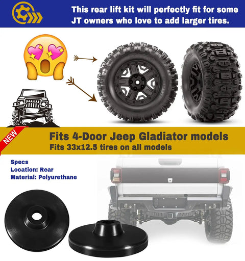 Level Up Your Gladiator JT Rig With This Badass Three Quarter Inch Polyurethane Rear Lift Coil Spring Spacer To Kill Factory Rake And Make Every Trail Run Crisp As Glass. Image shows polyurethane spacer for 4-door Jeep Gladiator and tires.