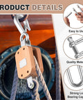 Two Pack Four Inch Wood Manila Rope Pulley Block With Hook Single Wheel Cable Pulley Half Inch Rope Two And A Quarter Inch Sheave 1000 Lbs WLL for Light Industrial Construction And Marine Projects in use on a boat