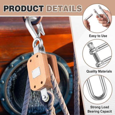 Two Pack Four Inch Wood Manila Rope Pulley Block With Hook Single Wheel Cable Pulley Half Inch Rope Two And A Quarter Inch Sheave 1000 Lbs WLL for Light Industrial Construction And Marine Projects in use on a boat