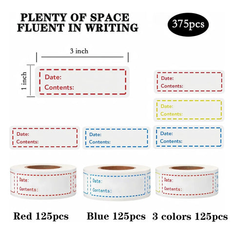 Freezer Labels 375 Pcs Self Adhesive Write On Removable 3 Rolls No Fuss 3x1 Inch Tape, color-coded red, blue, yellow.
