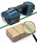 Rock Solid Green Pet Strapping Roll, 1000Ft By 5/8 Inch Wide Heavy Duty Baling Tape secured around a cardboard box with a strap tool.