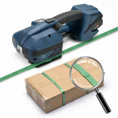 Rock Solid Green Pet Strapping Roll, 1000Ft By 5/8 Inch Wide Heavy Duty Baling Tape secured around a cardboard box with a strap tool.