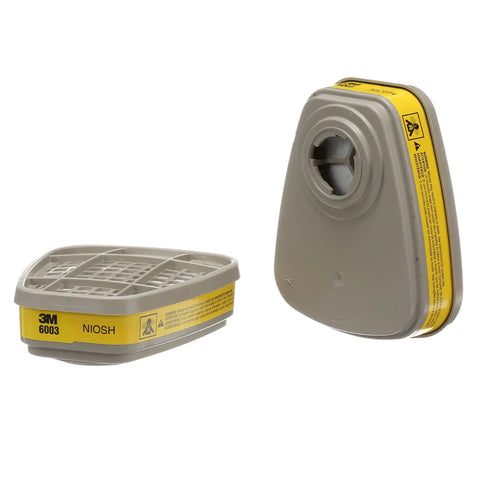 Respirator Cartridge 6003 For Organic Vapors And Acid Gases, 1 Pair, Bayonet Style Filter Connection displayed on white background