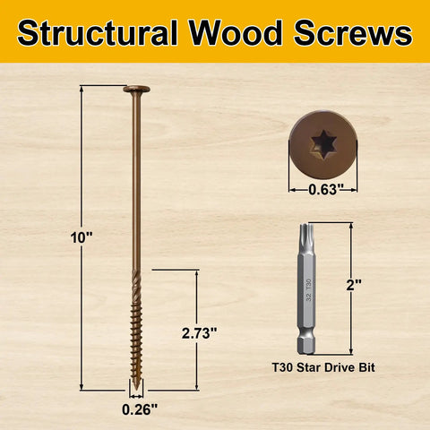 Beefy Heavy Duty Wood Screws Size 14 X 10 Inch 54 Pcs with T30 Star Drive Bit for outdoor wood projects, dimensions included