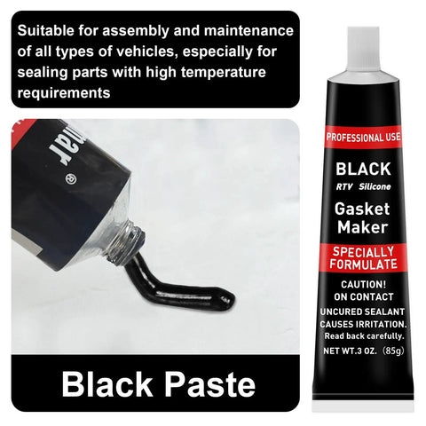 Beefed-Up High Temperature RTV Silicone Gasket Maker Sealant Black tubes showing black paste application for engines and transmissions.
