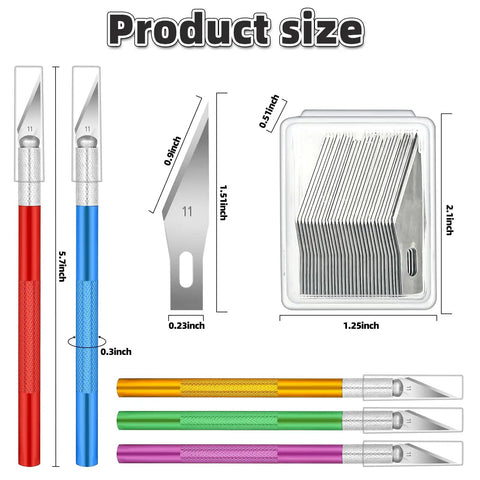Product size display of 55 Pack Exacto Knife Set With 5 Craft Knives And 50 Precision Blades with colorful handles and dimensions.
