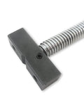 Close-up of adjustable inline bench dog screw clamp for three quarter inch holes with full five inch travel, ideal for woodworking.