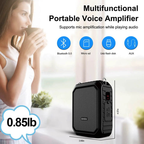 Bluetooth Voice Amplifier With Lapel Mic And Headset Microphone Pack shown with features and weight, ideal for outdoor use.