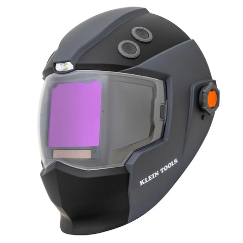 Panoramic Welding Helmet With True Color Auto Darkening Filter Three Window Design Built In Cooling Fan And LED Headlamp ANSI Z87.1 Plus Certified Ideal For Pros And DIYers shown from side view