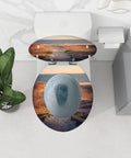 Fresh Coastal Thatched Roof Umbrella Decorative Resin Toilet Seat with landscape design, round 14.5 by 18.5 inches for bathroom use.