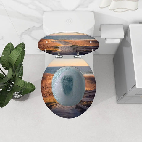 Fresh Coastal Thatched Roof Umbrella Decorative Resin Toilet Seat with landscape design, round 14.5 by 18.5 inches for bathroom use.