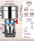 Heavy Duty Pro Grade Grain Mill with 3600W motor, 2500g capacity, stainless steel build, 270 degree swing, accessory parts displayed