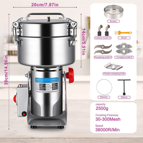 Heavy Duty Pro Grade Grain Mill with 3600W motor, 2500g capacity, stainless steel build, 270 degree swing, accessory parts displayed