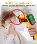 Person demonstrating Dual Mode Infrared Temperature Gun With Non Contact IR And K Type Probe From Minus 58 To 1472 Fahrenheit Pro Grade High Accuracy Laser Thermometer For Cooking HVAC Auto Repair Industrial Use Emissivity Humidity Readouts on child