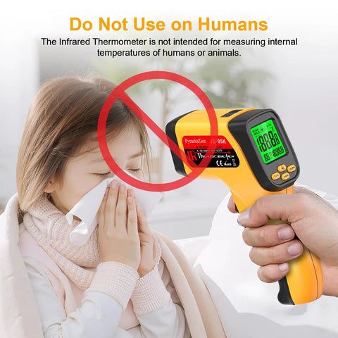 Person demonstrating Dual Mode Infrared Temperature Gun With Non Contact IR And K Type Probe From Minus 58 To 1472 Fahrenheit Pro Grade High Accuracy Laser Thermometer For Cooking HVAC Auto Repair Industrial Use Emissivity Humidity Readouts on child