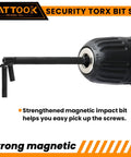 Premium Security Torx Bit Set With T Handle Ratchet Driver Forged From Industrial S2 Steel For Smooth Operation And Rust Proof Heavy Duty Grip, showing a strengthened magnetic impact bit.