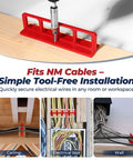 ColumPRO Cable Chase Wire Brackets 20 Pack Heavy Duty NM Cable Organizers hold wires neatly in red plastic installation on wood.