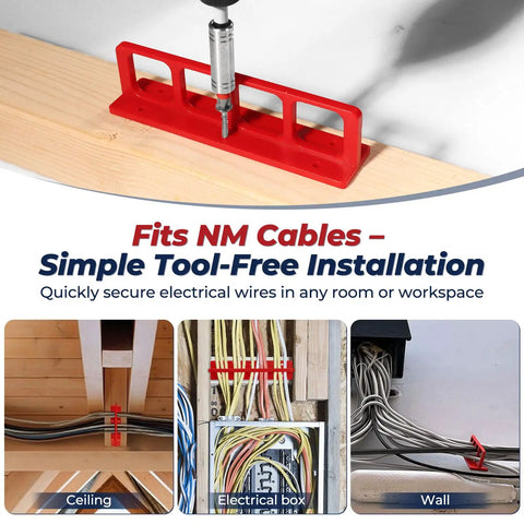 ColumPRO Cable Chase Wire Brackets 20 Pack Heavy Duty NM Cable Organizers hold wires neatly in red plastic installation on wood.