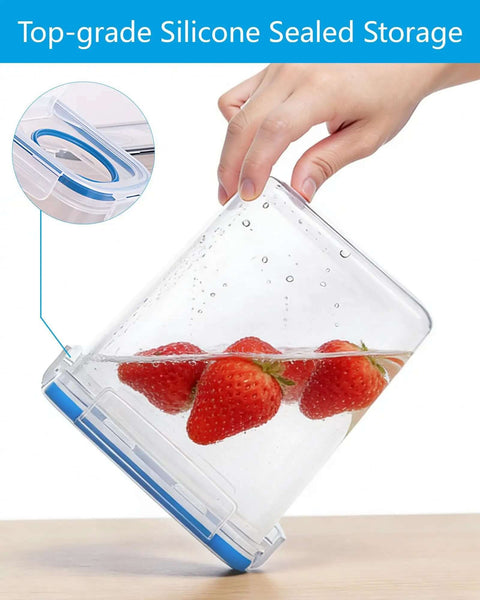 Hand holding transparent storage box with silicone seal containing strawberries, showcasing airtight feature. Six Pack 1.75mm Filament Storage Boxes With Desiccants Portable Waterproof Dustproof Case For 3D Printer Filament Transparent Blue Keeps Filament Dry Easy Labeling And On The Go Organization.