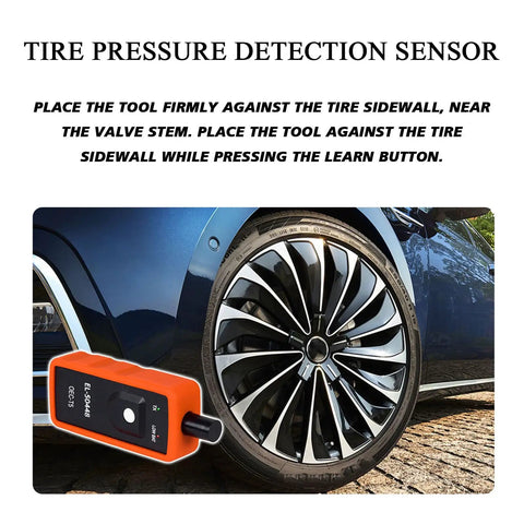 Hella Tough Gm Tpms Relearn Trigger 315 433 Mhz Sensors Fast Wheel Swap Tool positioned near tire sidewall for pressure detection.