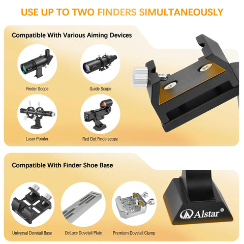 Dual Finder Scope Mount Bracket for Telescopes Aluminum with Vixen Synta bases for various aiming devices and shoe compatibility