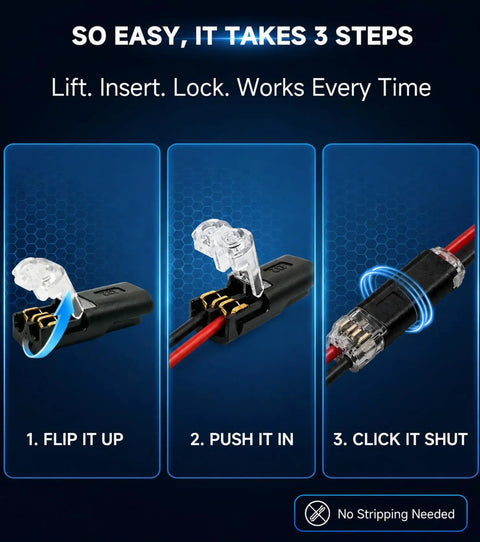 50 Pack Quick Wire Connectors Kit No Solder Push In Double Wire Plug In Connector With Locking Buckle visual steps