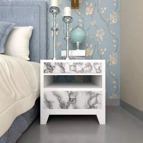 Grey Marble Peel And Stick Vinyl Wrap for kitchen cabinets showing self-adhesive durable marble design on bedside table drawers.