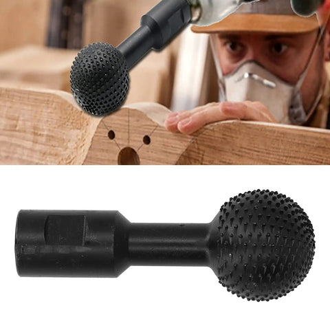Heavy Duty Spherical Wood Carving Burr 10mm Grinding Bit in use on timber, showing black coated steel with textured surface.