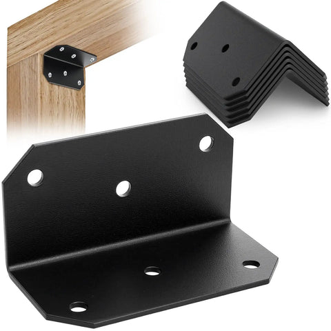 Heavy Duty Steel L Brackets, Tough As Nails Corner Support Plates For Woodworking, 15 Pack 4x2x2 Inch Angle Braces, showcasing black steel bracket with drilled holes.