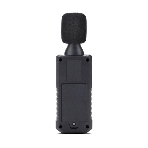 Pro Grade Handheld Digital Sound Meter With Large LCD Display For Noise And Decibel Readings In Offices And Server Rooms High Sensitivity Microphone Accurate 30 To 130 dBA Range IP54 Rated Requires 3 AAA Batteries, rear view