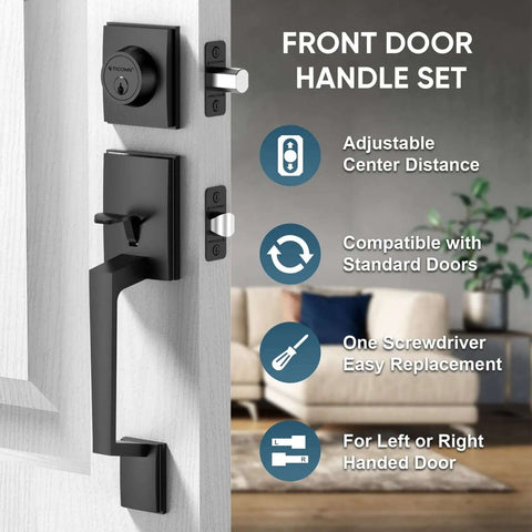 Heavy Duty Front Door Handle Set With Square Lever And Single Cylinder Deadbolt Reversible For Exterior Entrances Matte Black Finish