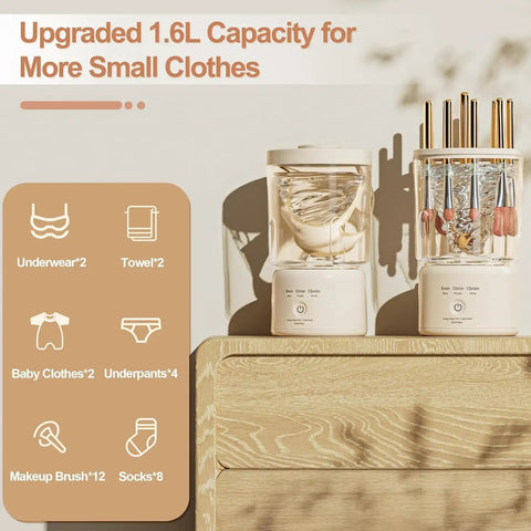Portable Mini Washing Machine Rechargeable Underwear Cleanser And Makeup Brush Washer Built Different showing 1.6L capacity and cleaning modes.