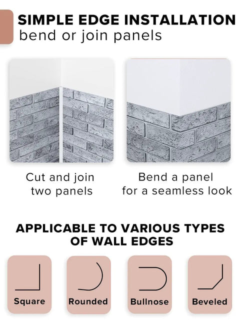 3D Faux Brick PVC Wall Panel simple edge installation for various wall edges, seamless corner, light brick look, easy DIY install