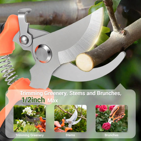 Effortless 7.5 Inch Pruning Shears For Roses And Shrubs With Stainless Steel Blades cutting a branch cleanly