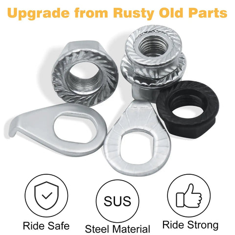 All In One Bike Axle Nuts And Safety Washers Kit 24 Pack M8, M9.5, M10 Sizes Front and Rear Steel