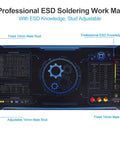 ESD rubber mat kit featuring a professional ESD soldering work surface with adjustable 10mm male studs and ESD knowledge guide.