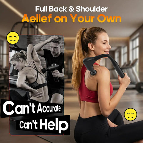 Woman using Deep Tissue Percussion Massage Gun With Heat And Extended Handle For Easy Self Massage 10 Speeds And 7 Massage Heads