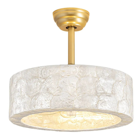 17.7Inch Shell Fandelier Ceiling Fan with Light, Boho Caged Chandelier Fan featuring a Capiz shell shade with a gold finish.