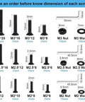 Graphic showing dimensions and quantities of 900 Piece Flat Head Hex Socket Cap Screws Kit With Nuts Washers And Hex Wrench M2 M2.5 M3 Fully Threaded Allen Machine Screws 10.9 Grade Alloy Steel Black Oxide Finish Built Tough.