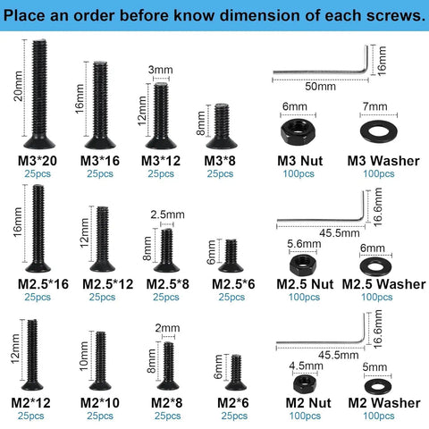 Graphic showing dimensions and quantities of 900 Piece Flat Head Hex Socket Cap Screws Kit With Nuts Washers And Hex Wrench M2 M2.5 M3 Fully Threaded Allen Machine Screws 10.9 Grade Alloy Steel Black Oxide Finish Built Tough.