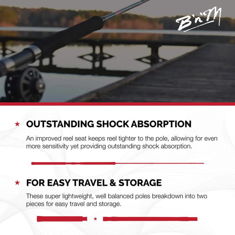 Graphite Jig Pole 16 Foot Three Sections Ultralight Durable Pole With DynaFlo Guides for ice fishing shown on a dock.