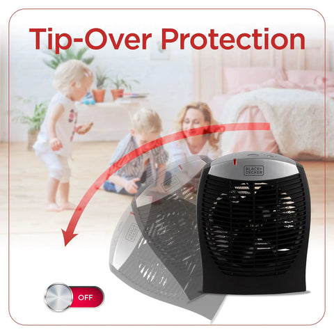 Compact Personal Space Heater With ESave Energy Saving Function, Three Heat Settings, Adjustable Thermostat, tip-over protection.