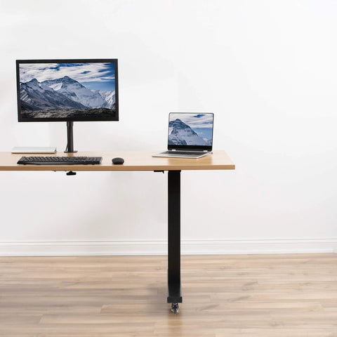 VIVO M8 four 1.5-inch threaded locking caster wheels on a black standing desk leg with wood top